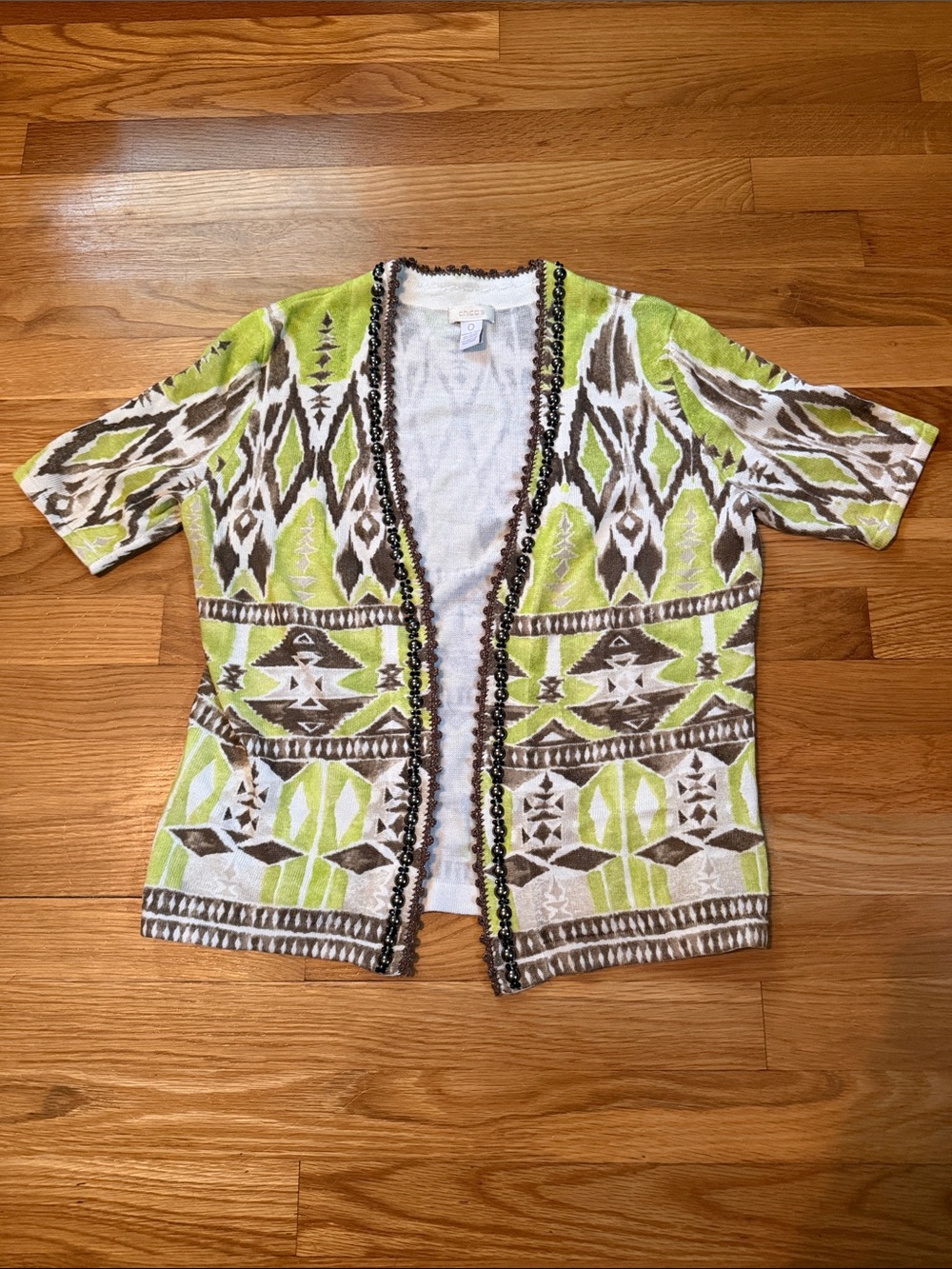 Chico's Lime Green and Brown Beaded Ikat Open Cardigan, chicos size 0, reg 4